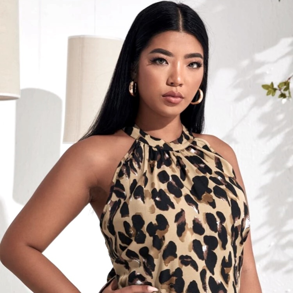 Sexy halter-style, modern, leapord print blouse.